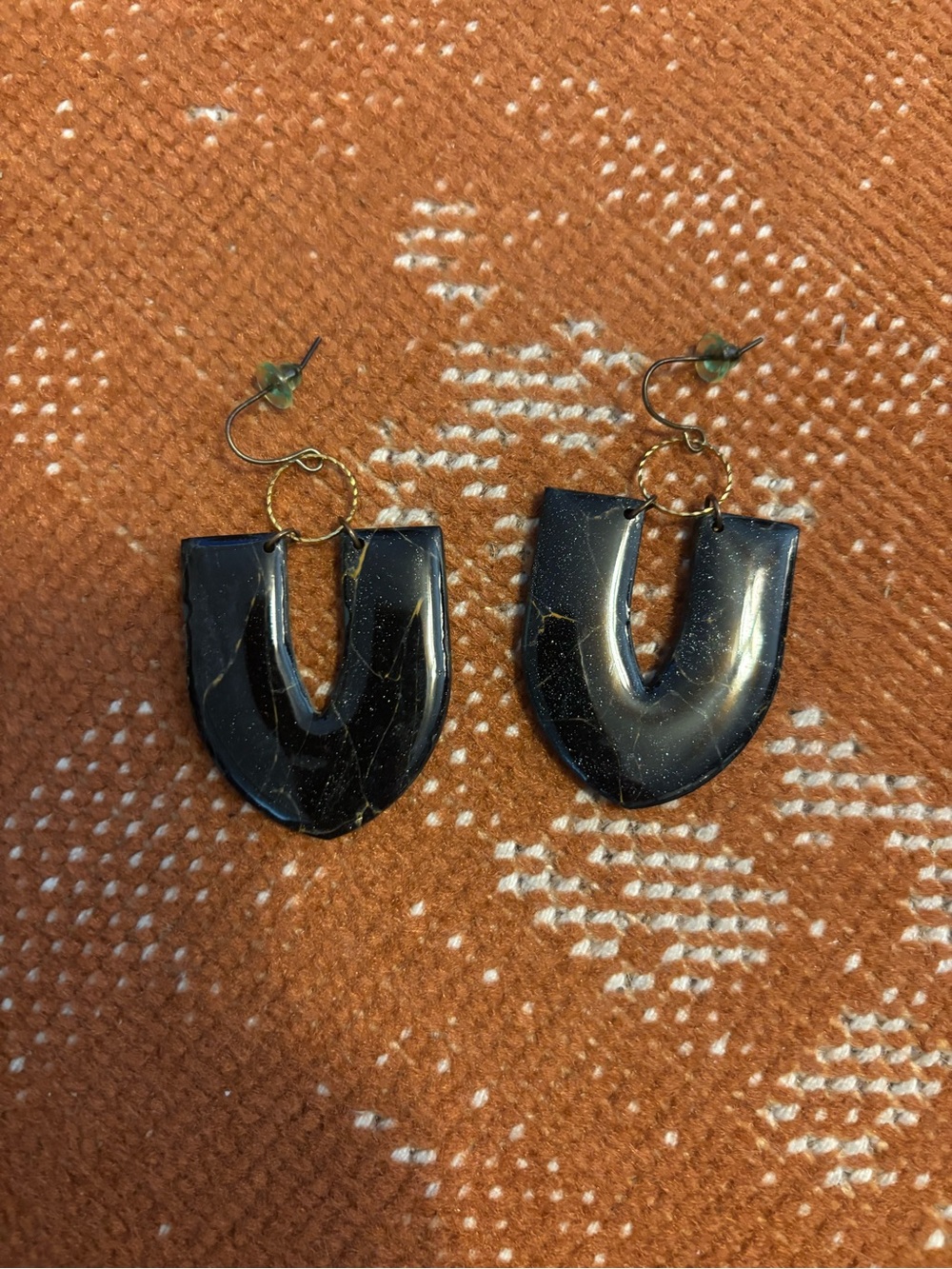 Hand Crafted Black Resin U-Shaped Drop Earrings with Gold Hoops